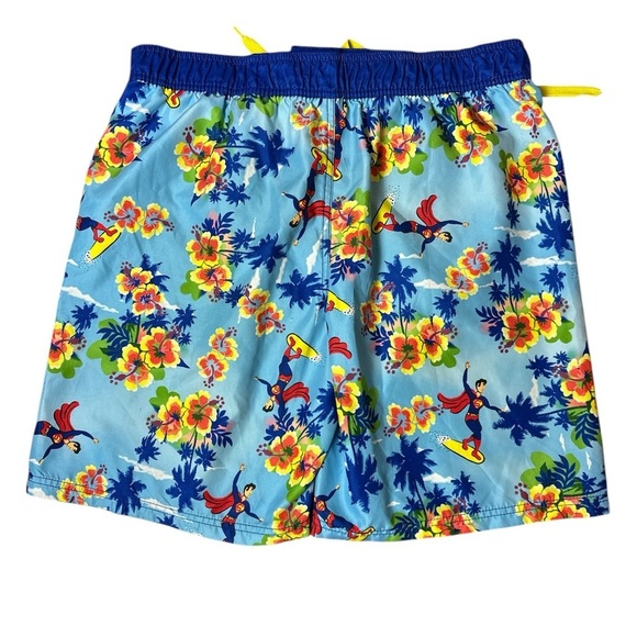 Surfing Superman tropical theme board shorts front tie lined Velcro closure - Picture 3 of 7